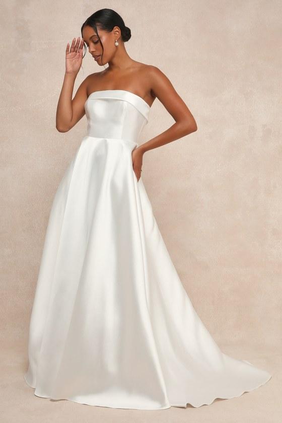 Your Beloved White Taffeta Bow Strapless A-Line Gown Product Image