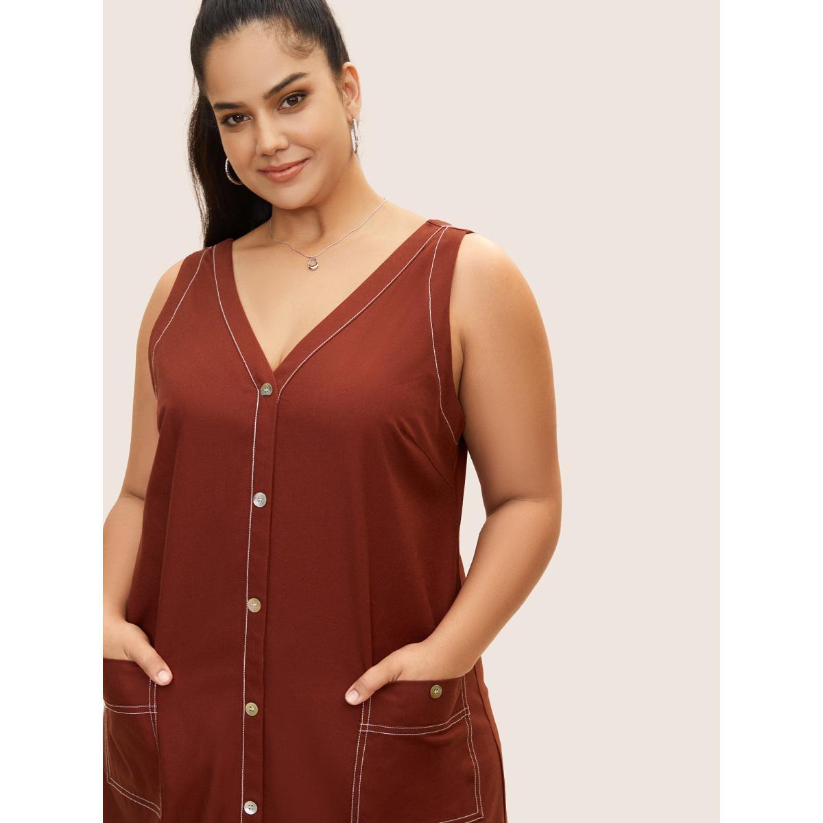Plus Size Contrast Trim Patch Pocket Tank Dress Maroon Women Casual V-neck Sleeveless Curvy BloomChic 14-16/1X Product Image