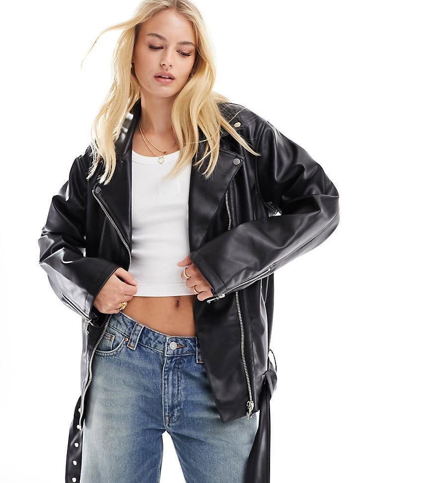 ASOS DESIGN Tall longline oversized faux leather biker jacket Product Image