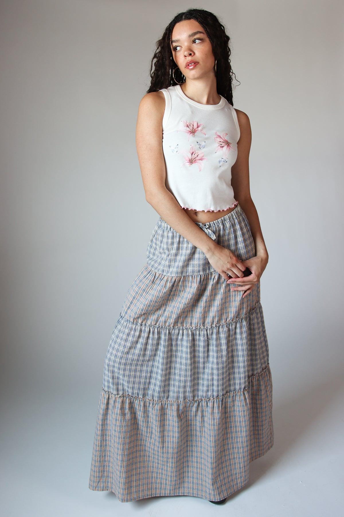 Mixed Plaid Tiered Maxi Skirt Product Image