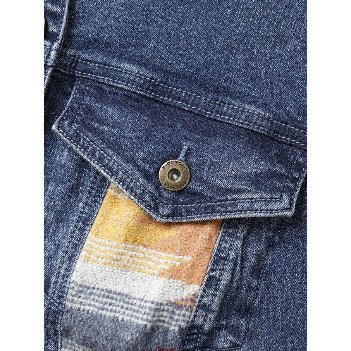 Women Stretch Denim Geometric Spilcing Pocket Jacket Midblue Plus Size Contrast Everyday Slanted pocket Elegant Denim Jackets BloomChic 26/4X Product Image