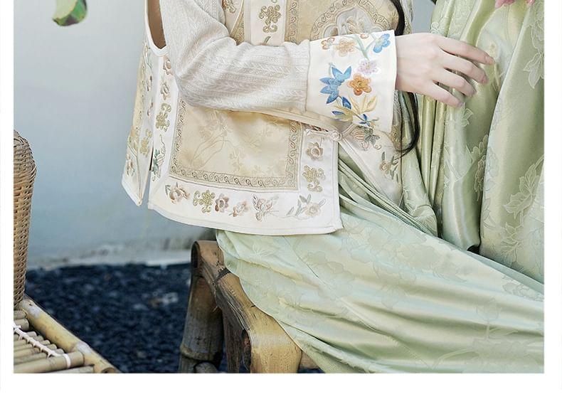 Long-Sleeve Floral Embroidered Top / High Waist Floral Jacquard Wide Leg Pants / Vest Product Image