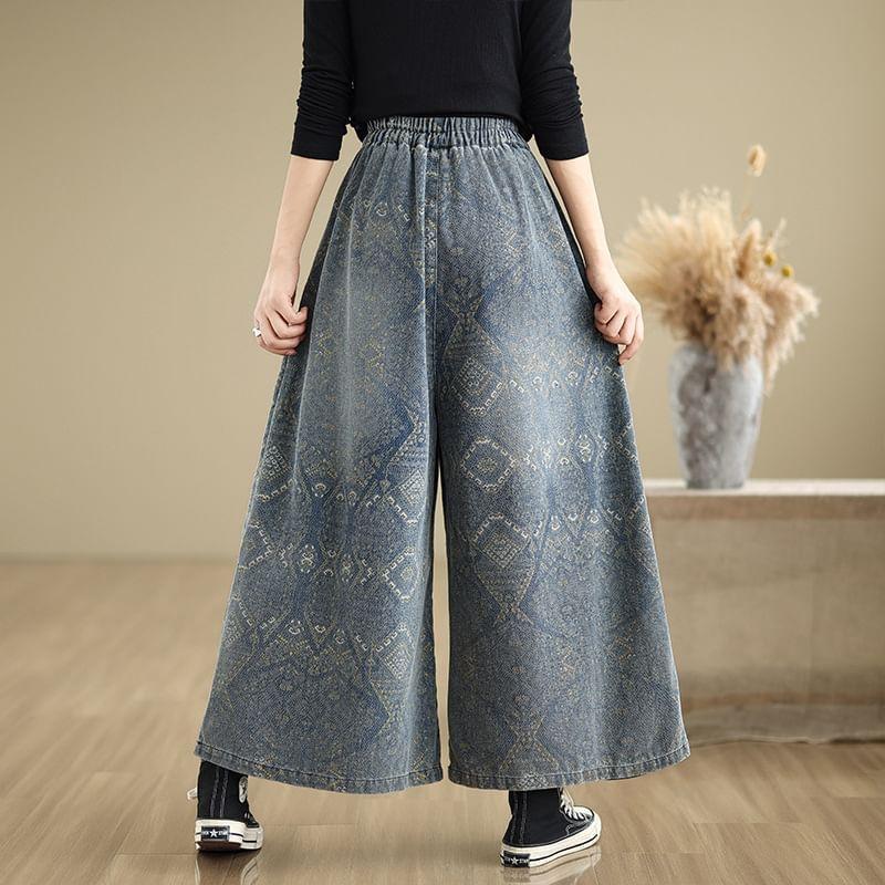 Elastic Waist Patterned Wide Leg Jeans Product Image