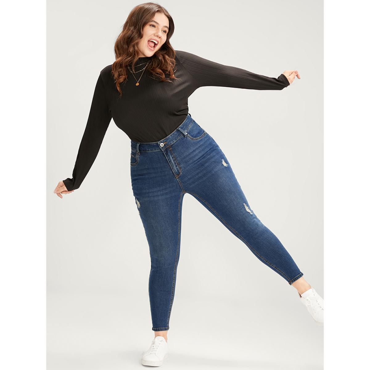 Plus Size Skinny Moderately Stretchy High Rise Dark Wash Distressed Ankle Jeans Women Indigo Casual Plain Zipper Medium stretch Pocket Jeans BloomChic 18/2X Product Image