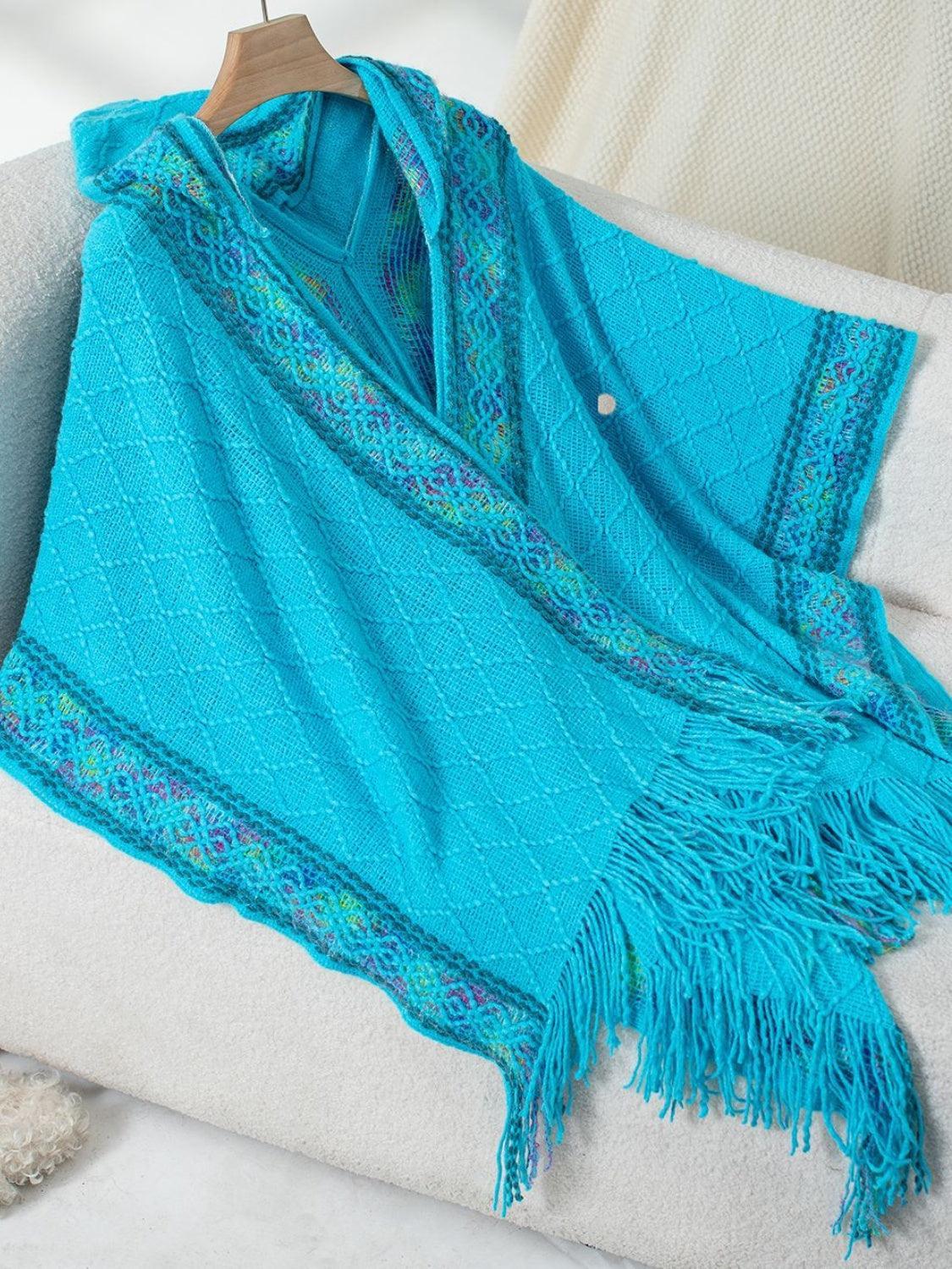 Fringe Half Sleeve Hooded Poncho Product Image