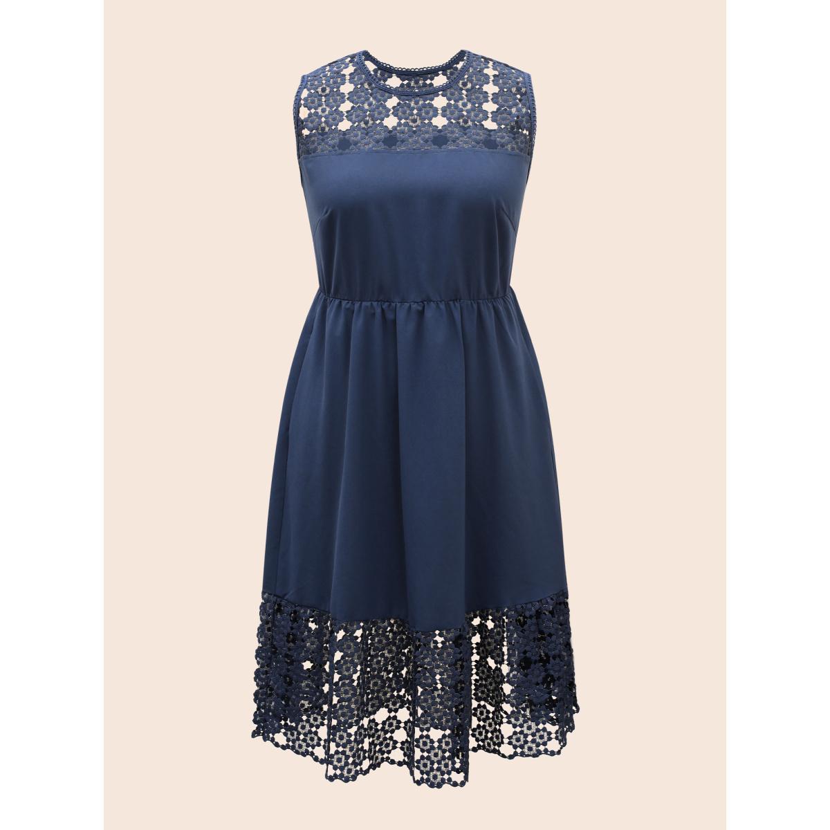 Plus Size Lace Panel Elastic Waist Sleeveless Dress DarkBlue Women Formal Woven ribbon&lace trim Party Curvy Bloomchic 22-24/3X Product Image