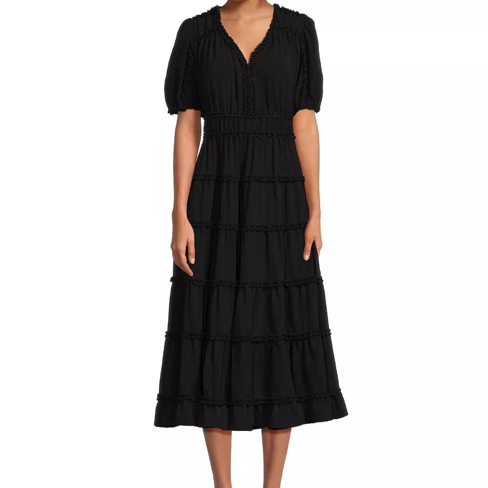 Women's Focus By Shani Fit and Flare Lightweight Woven Dress with Ruffle Detail, Size: 6, Black Product Image