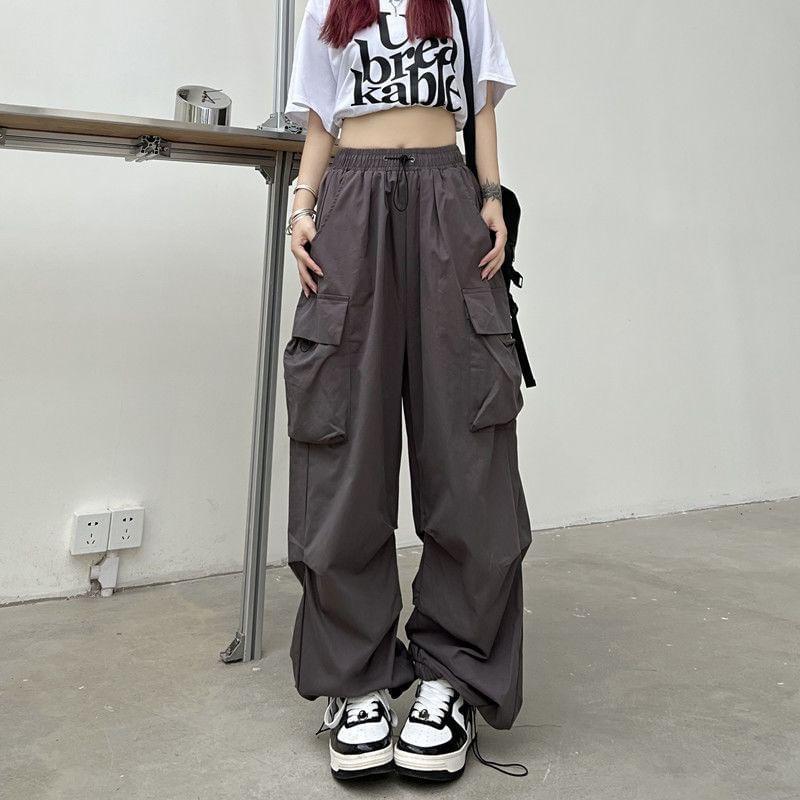 High Waist Pocket Loose-Fit Wide-Leg Cargo Pants Product Image