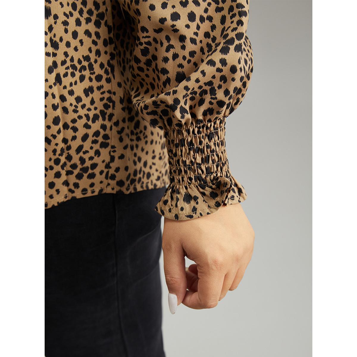 Plus Size Brown Leopard Shirred Notched Lantern Sleeve Blouse Women Elegant Long Sleeve Notched collar Dailywear Blouses BloomChic 10/M Product Image