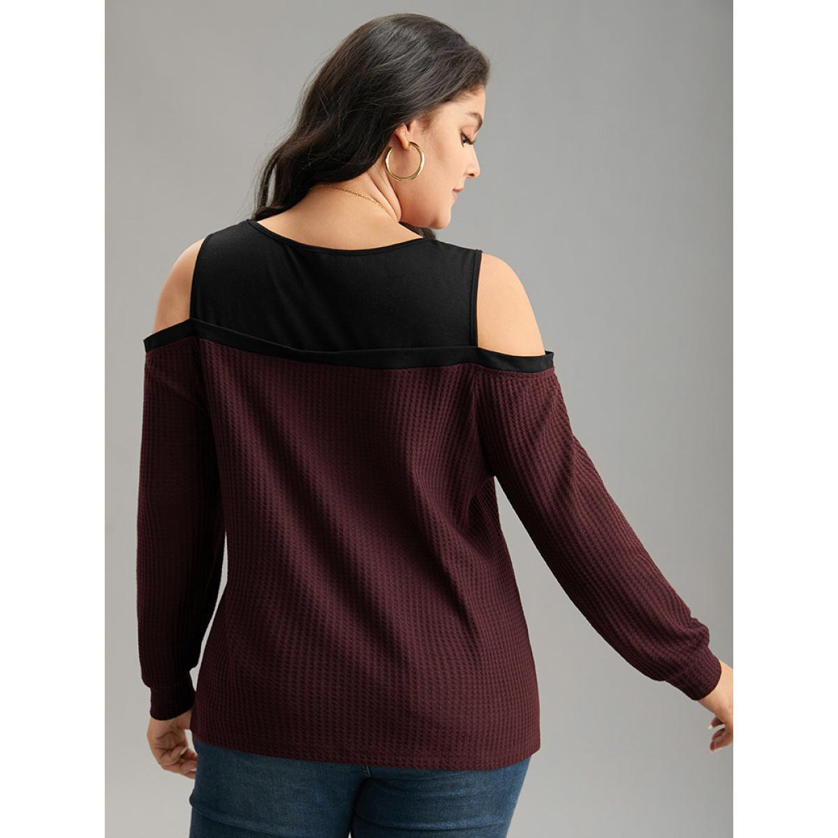 Plus Size Cold Shoulder Patchwork Contrast Waffle Knit T-shirt Burgundy Women Casual Waffle Knit Plain Cold Shoulder Dailywear T-shirts BloomChic 12/L Product Image