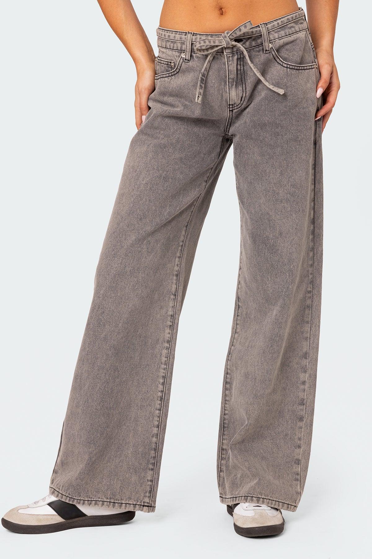 Tie Waist Washed Low Rise Jeans Product Image