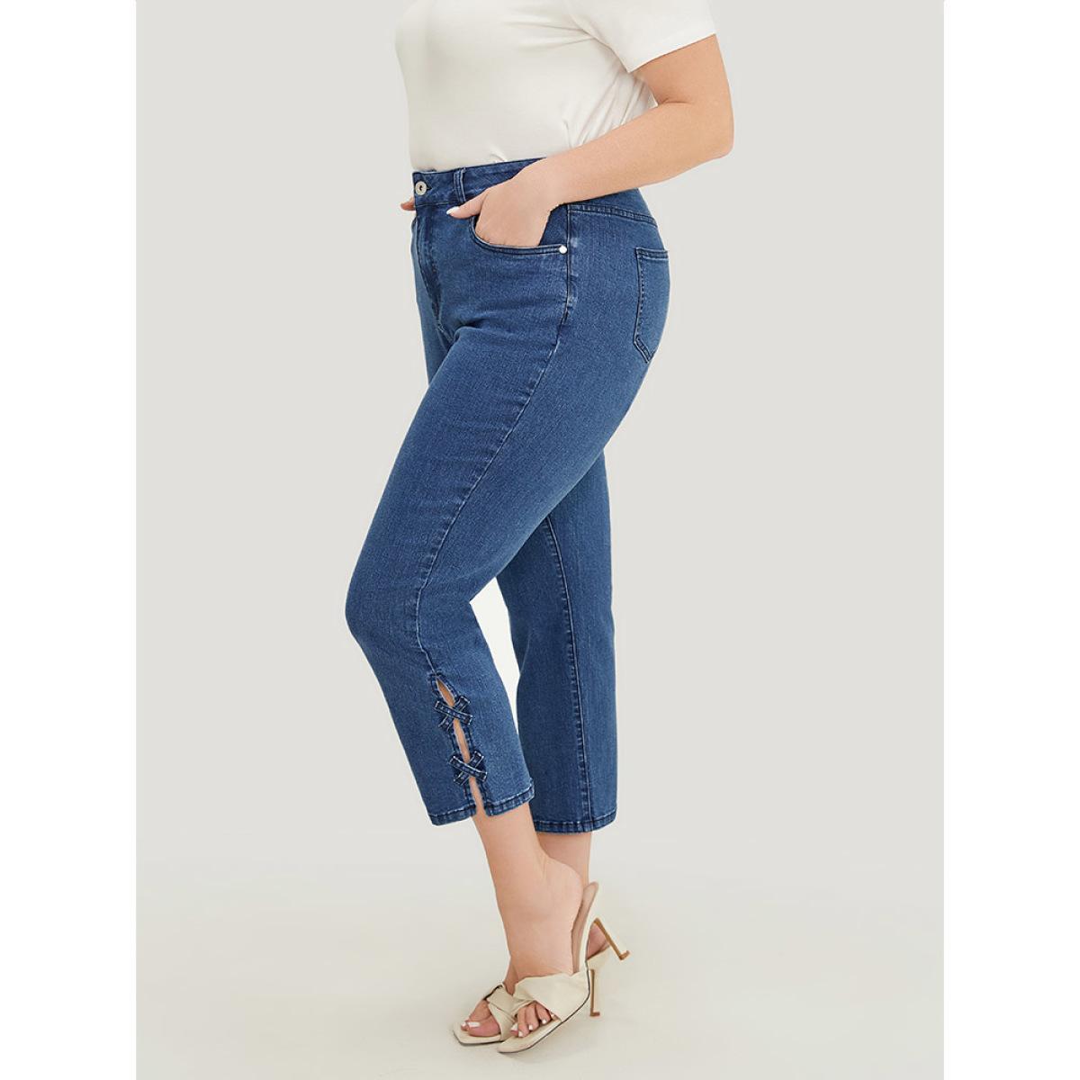 Plus Size Very Stretchy Medium Wash Patched Detail Cut Out Jeans Women Blue Casual Plain Cut-Out High stretch Pocket Jeans BloomChic 22/3X Product Image