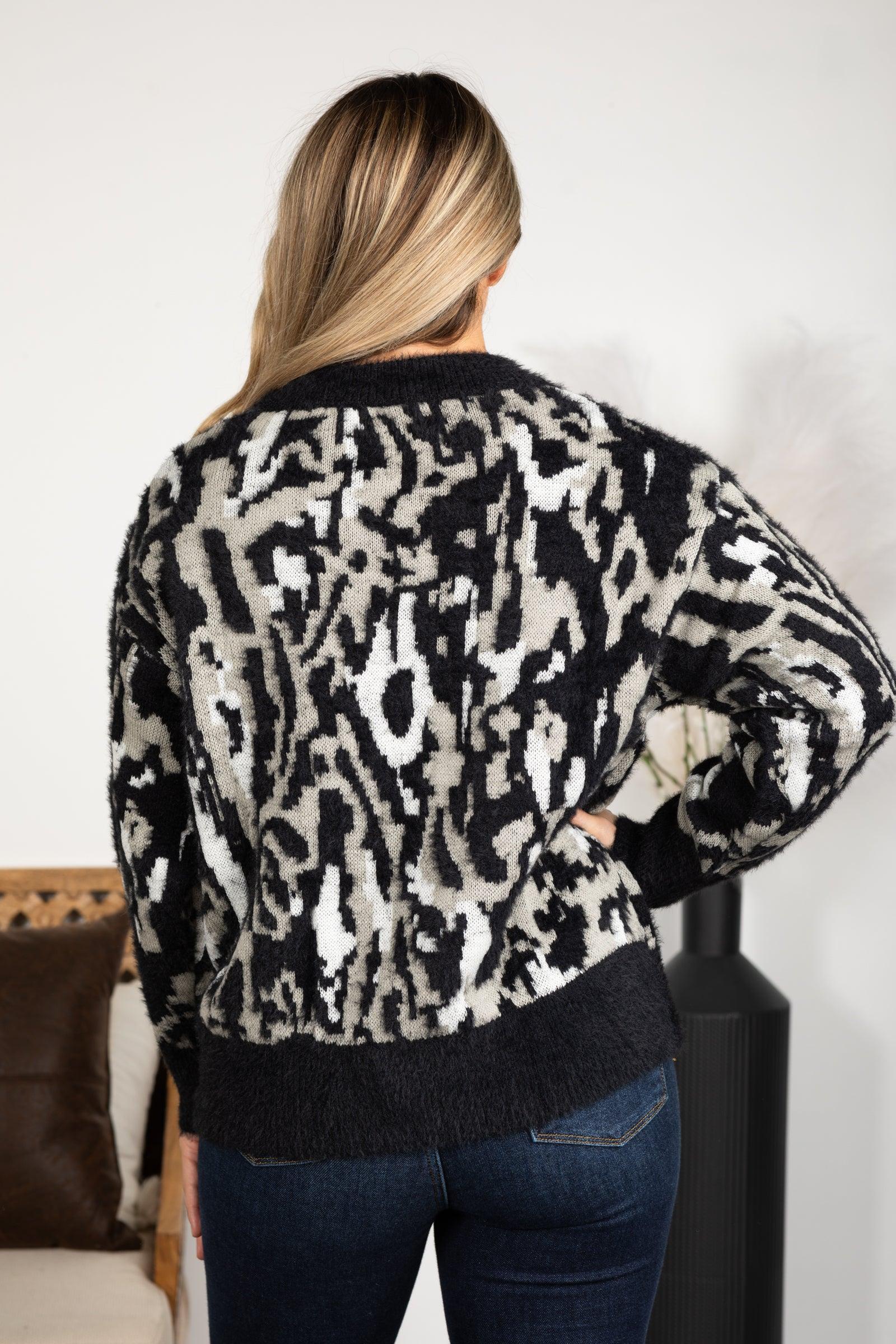 Black Animal Print Crewneck Sweater Product Image