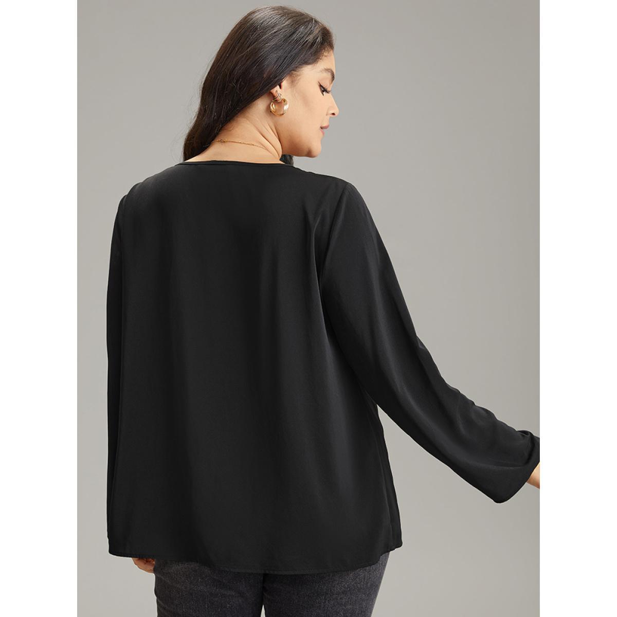 Plus Size Black Static-Free Plain Keyhole Chain Detail Blouse Women Office Long Sleeve Keyhole Cut-Out Work Blouses BloomChic 30/6X Product Image