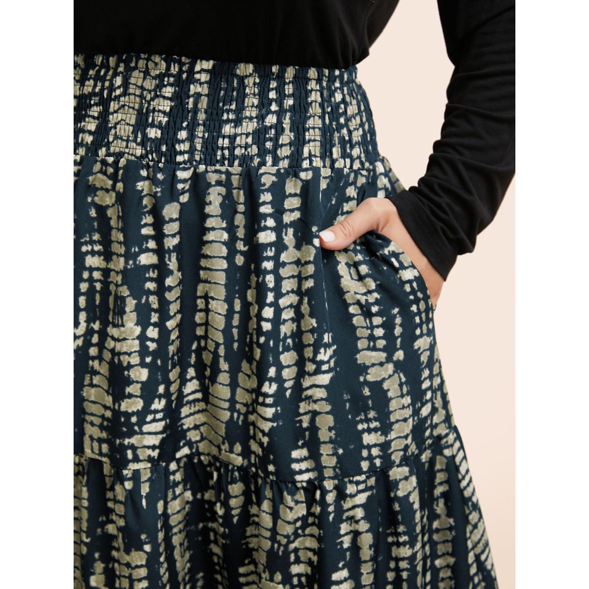 Plus Size Geometric Shirred Ruffle Layered Hem Skirt Women Indigo Casual Shirred No stretch Slanted pocket Everyday Skirts BloomChic 10/M Product Image
