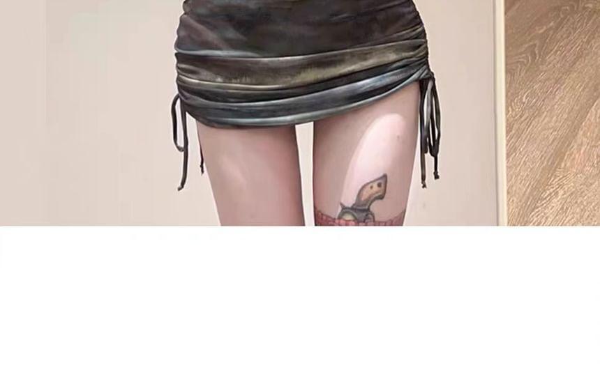 Set: Halter Print Bikini Top + Bottom + Long-Sleeve Drawstring Cover Up Top + Skirt Product Image