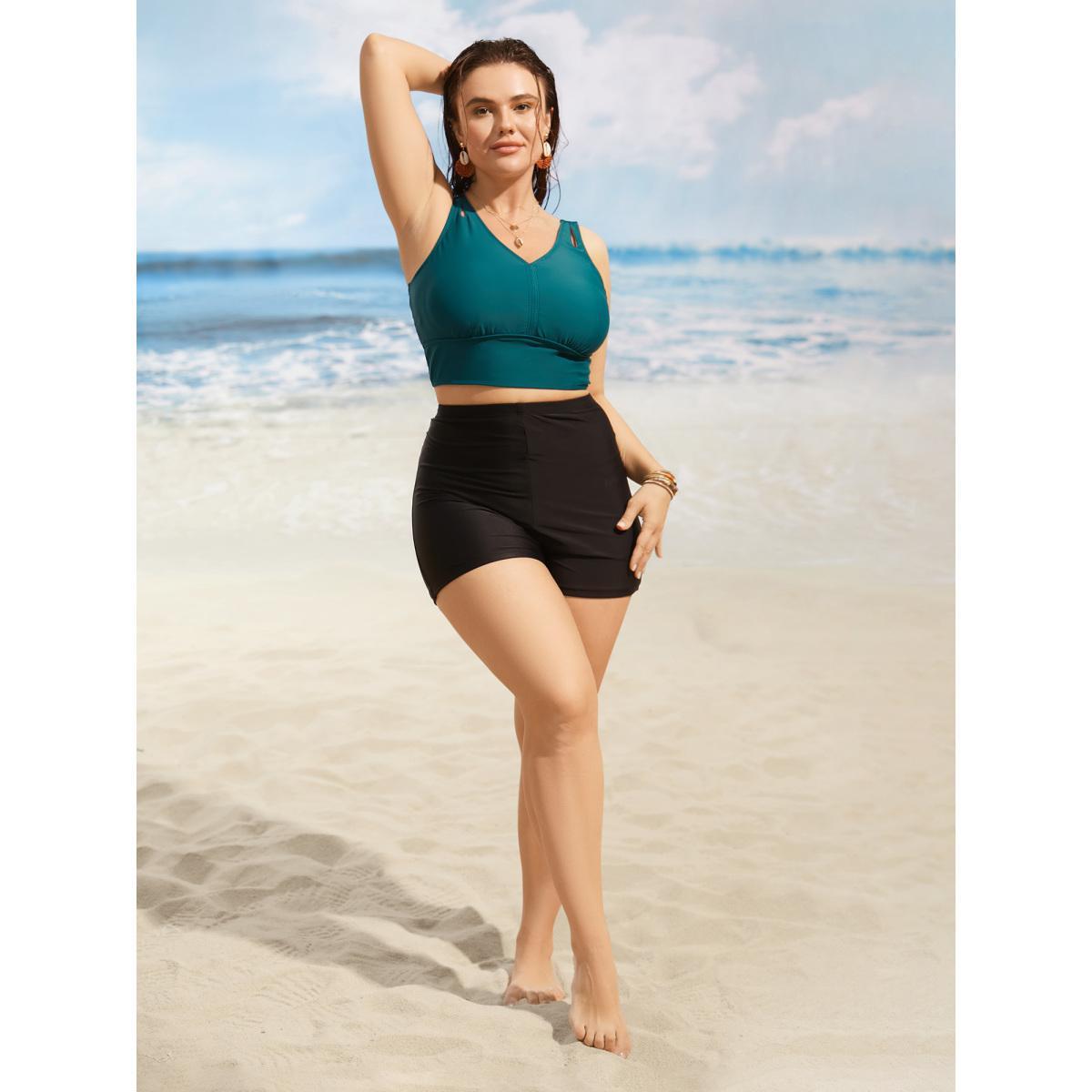 Plus Size Solid Gathered Cut Out High Stretch Swim Top Women's Swimwear Teal Beach Gathered High stretch Skinny V-neck Curve Swim Tops BloomChic 14-16/1X Product Image