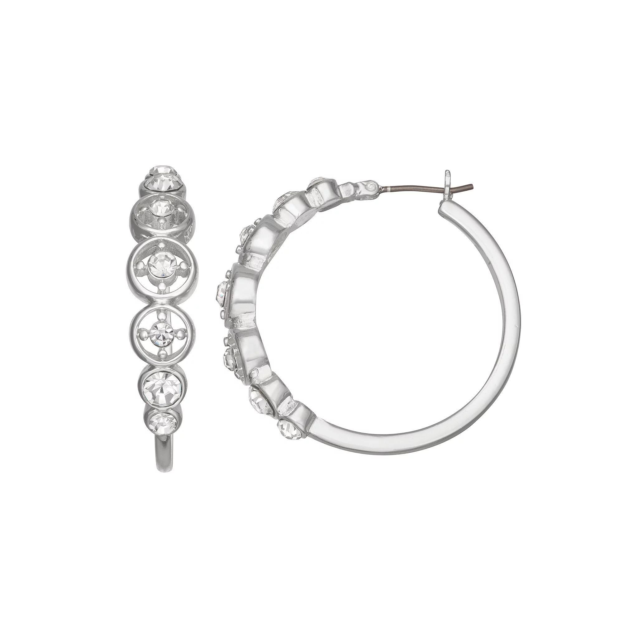Nine West Silver Tone Crystal Hoop Click-It Earrings, Women's Product Image