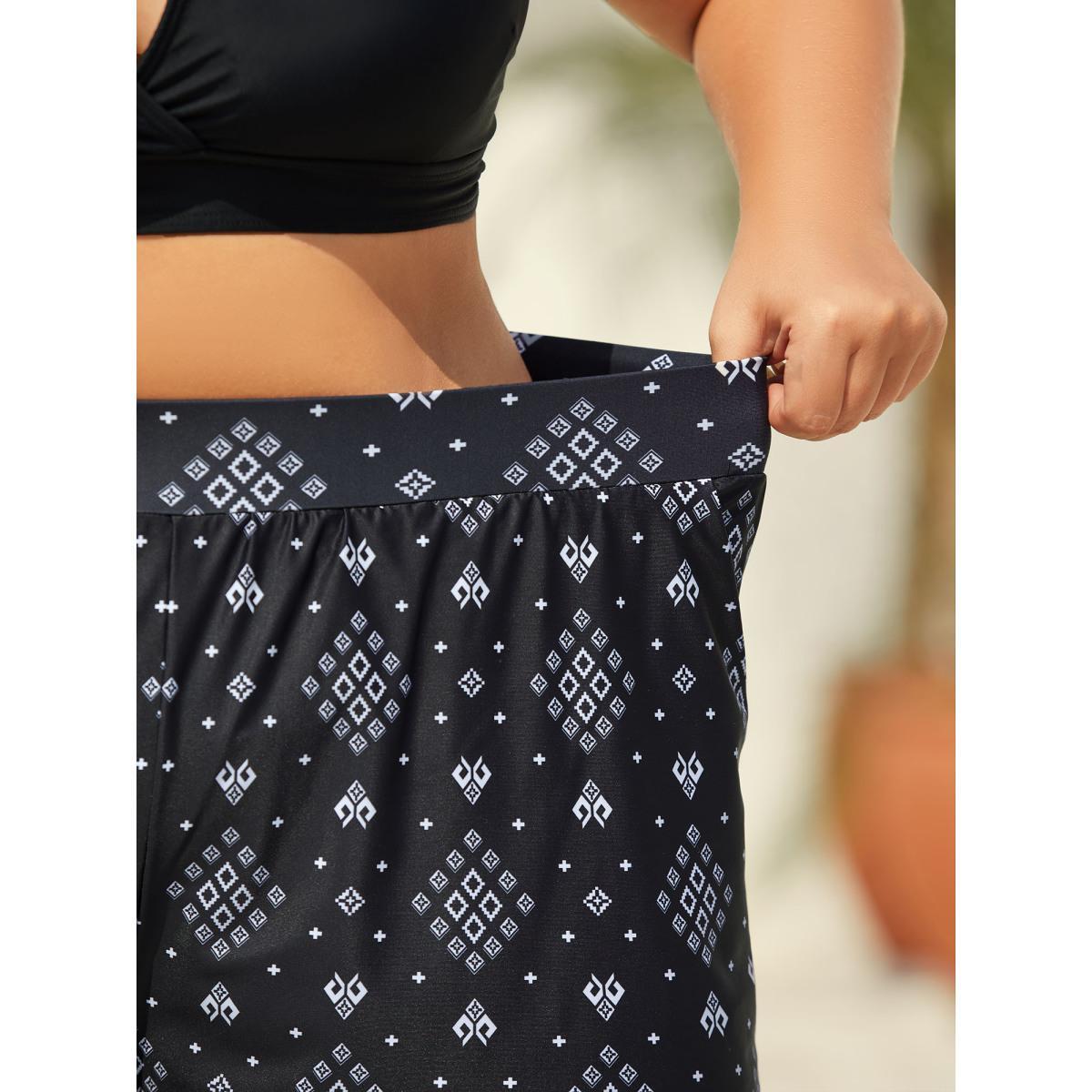 Plus Size Boho Print Pockets Swim Bottoms Women's Swimwear Black Beach High stretch Bodycon High Rise Side seam pocket Curve Swim Bottoms BloomChic 12/L Product Image