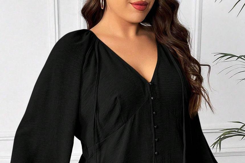 Plus Size Long-Sleeve V-Neck Plain Blouse Product Image
