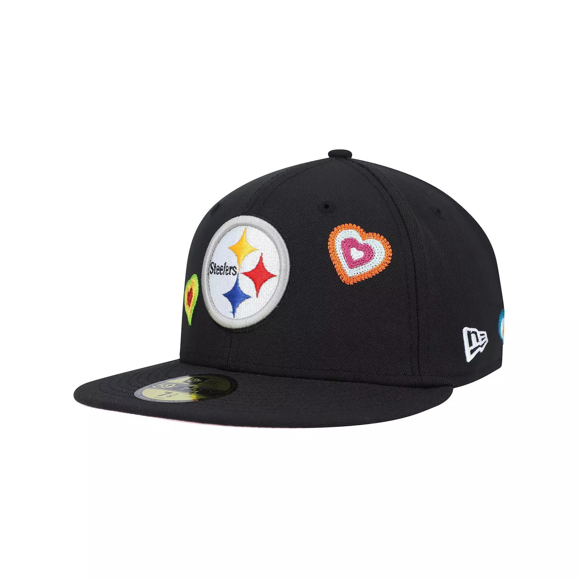 Men's New Era Black Pittsburgh Steelers Chain Stitch Heart 59FIFTY Fitted Hat, Size: 7 Product Image
