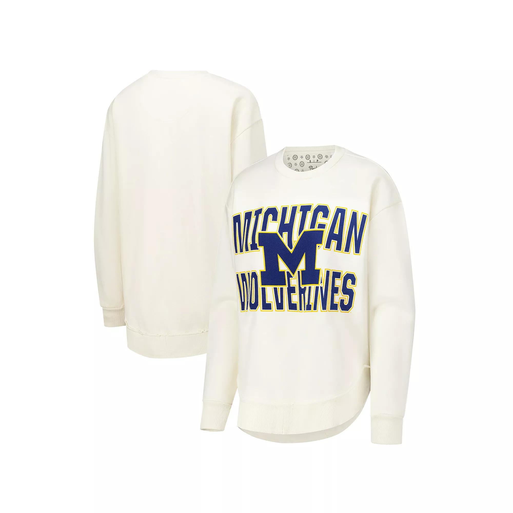 Women's Pressbox  Cream Michigan Wolverines Poncho Fleece Crew Sweatshirt, Size: 2XL, Beige Product Image