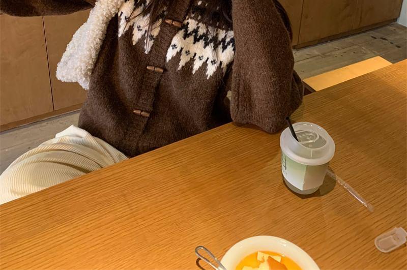Crew Neck Patterned Toggle Button Up Cardigan Product Image