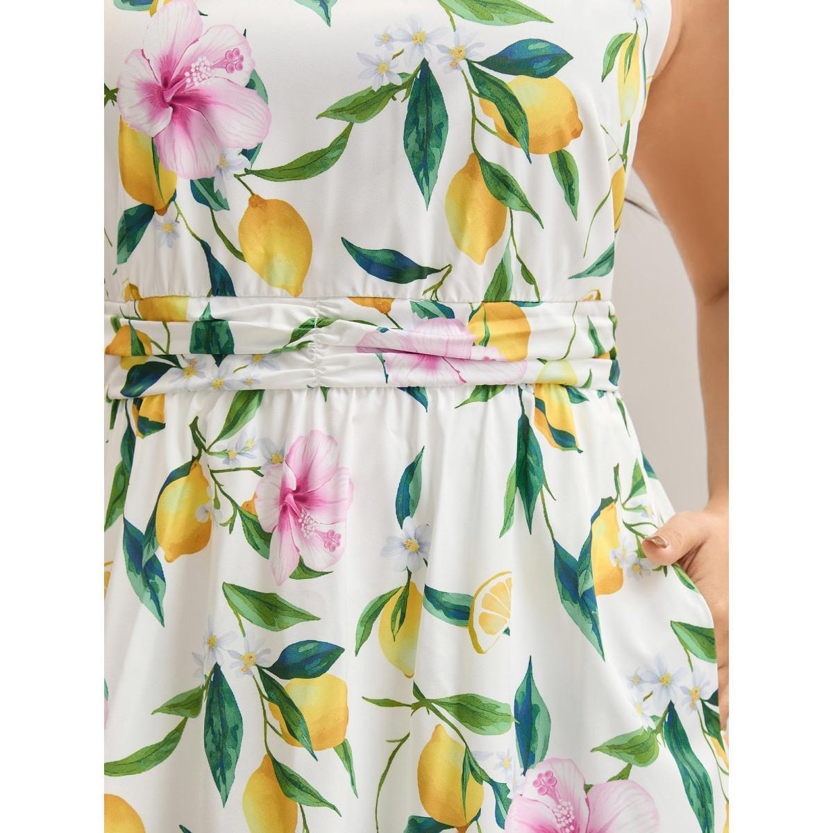 Plus Size Large Floral Pattern Pleated Waist Midi Dress WhiteSmoke Women Halter neck Sleeveless Curvy BloomChic 12/L Product Image