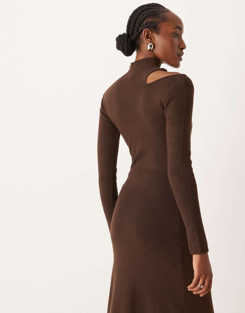 River Island cut out turtle neck midi dress in dark brown Product Image