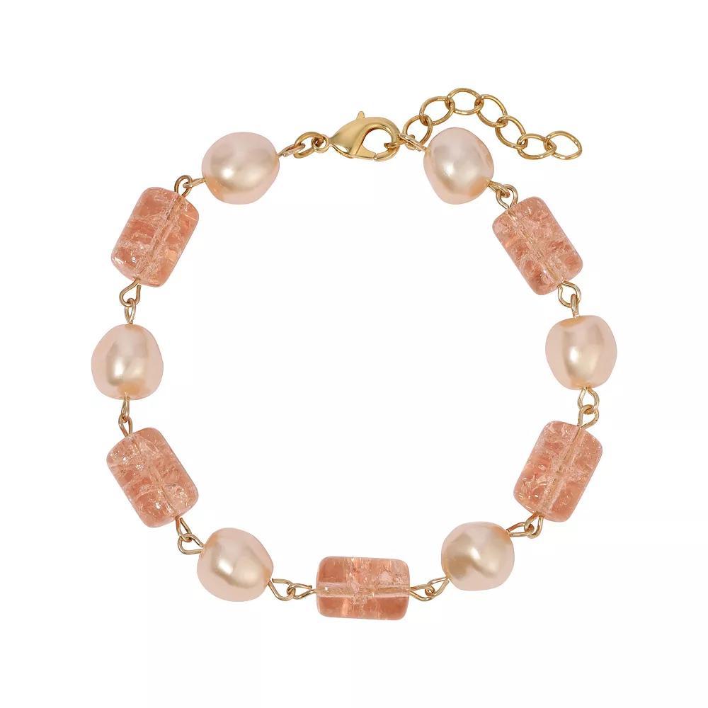 1928 Gold-Tone Peach Cracked Glass Simulated Pearl Bead Bracelet, Womens, Pink Product Image