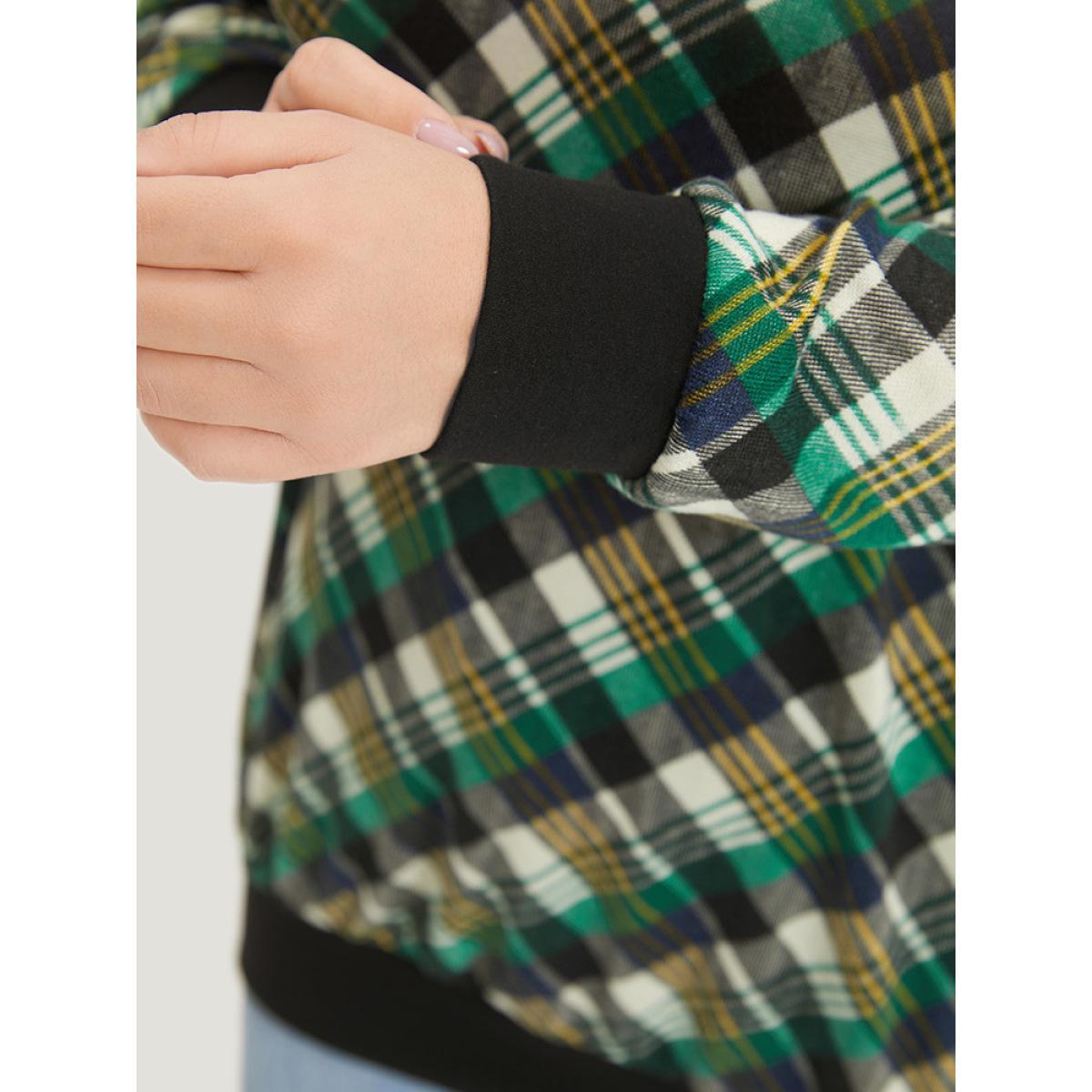 Plus Size Plaid Button Detail Elastic Cuffs Crew Neck Sweatshirt Women Green Casual Elastic cuffs Round Neck Dailywear Sweatshirts BloomChic 18-20/2X Product Image