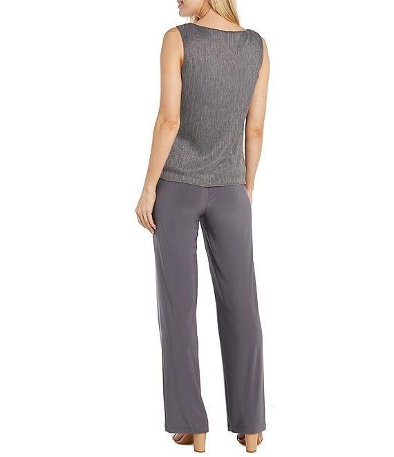 R & M Richards Pleated Crinkle Metallic Scoop Neck 3/4 Sleeve 2-Piece Pant Set Product Image