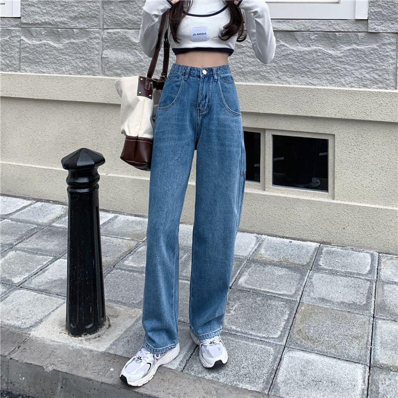 High Waist Washed Baggy Jeans Product Image