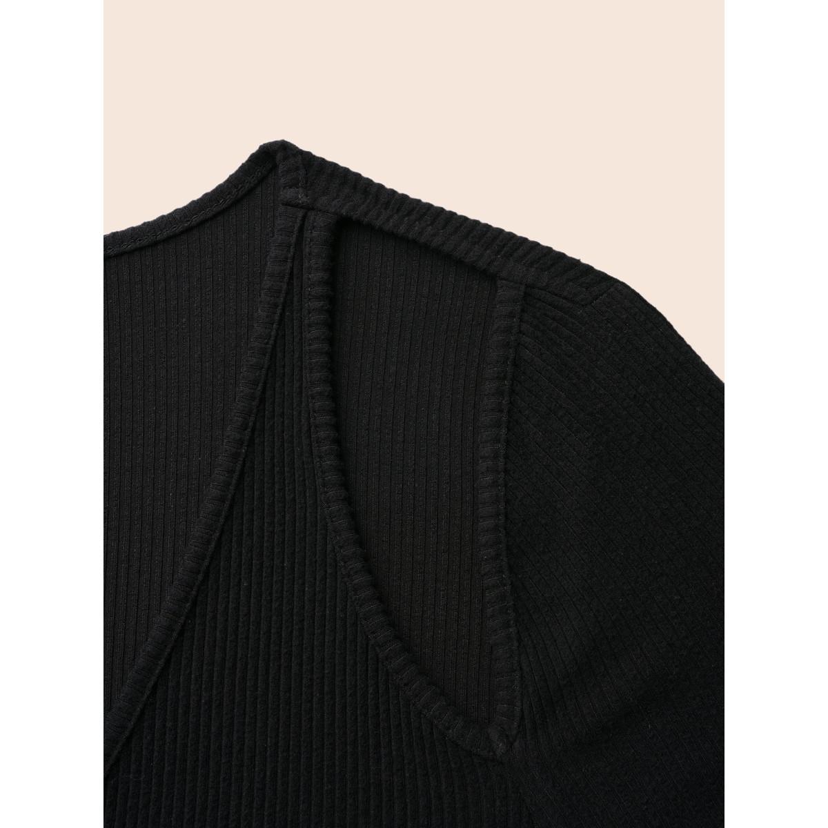 Plus Size Solid Pit Strip Cut Out Dress Black Women Elegant Texture V-neck Long Sleeve Curvy BloomChic 26/4X Product Image