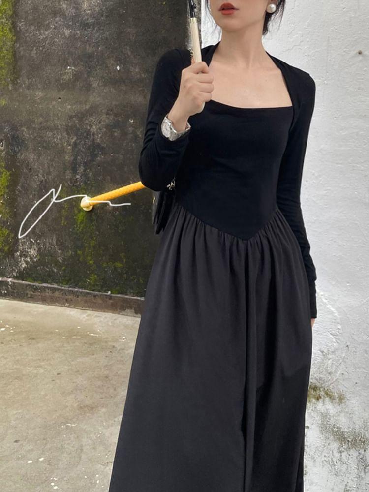 Long-Sleeve Queen Anne Neckline Plain Maxi A-Line Dress Product Image