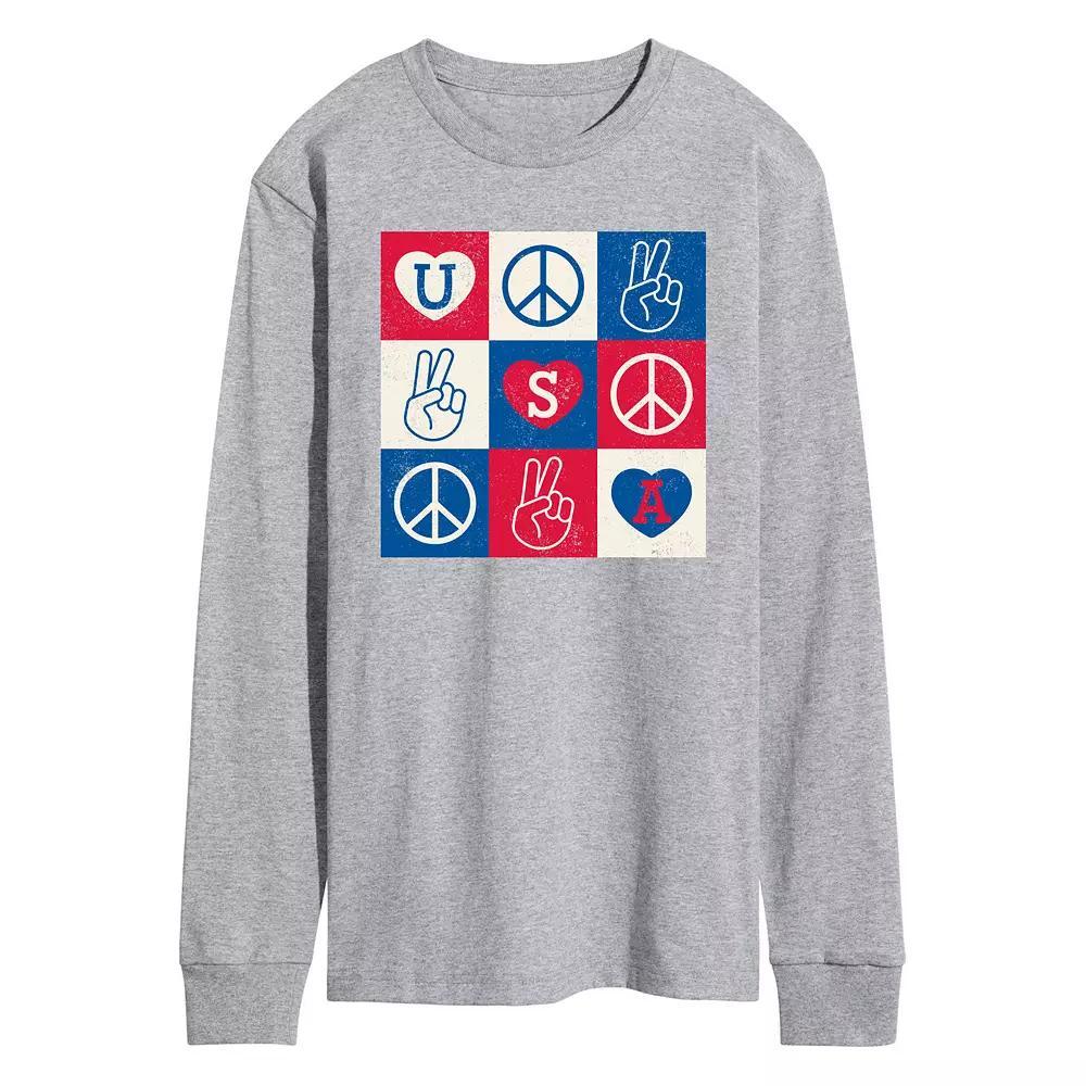 Mens USA Peace Grid Long Sleeve Graphic Tee. Grey Gray Product Image