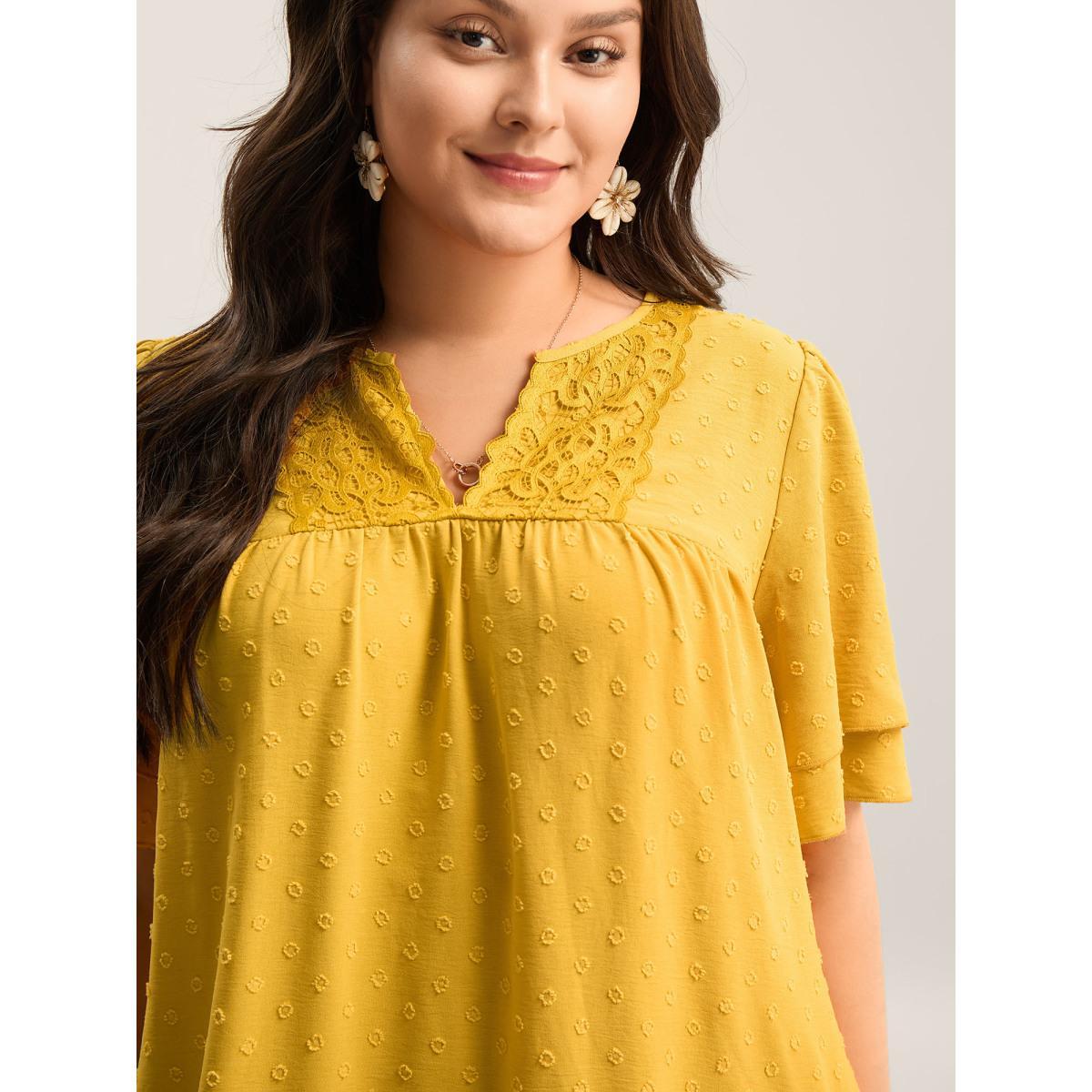 Plus Size Textured Cut-Out Lace Pockets Midi Dress Turmeric Women Flat collar Short sleeve Curvy BloomChic 28/5X Product Image