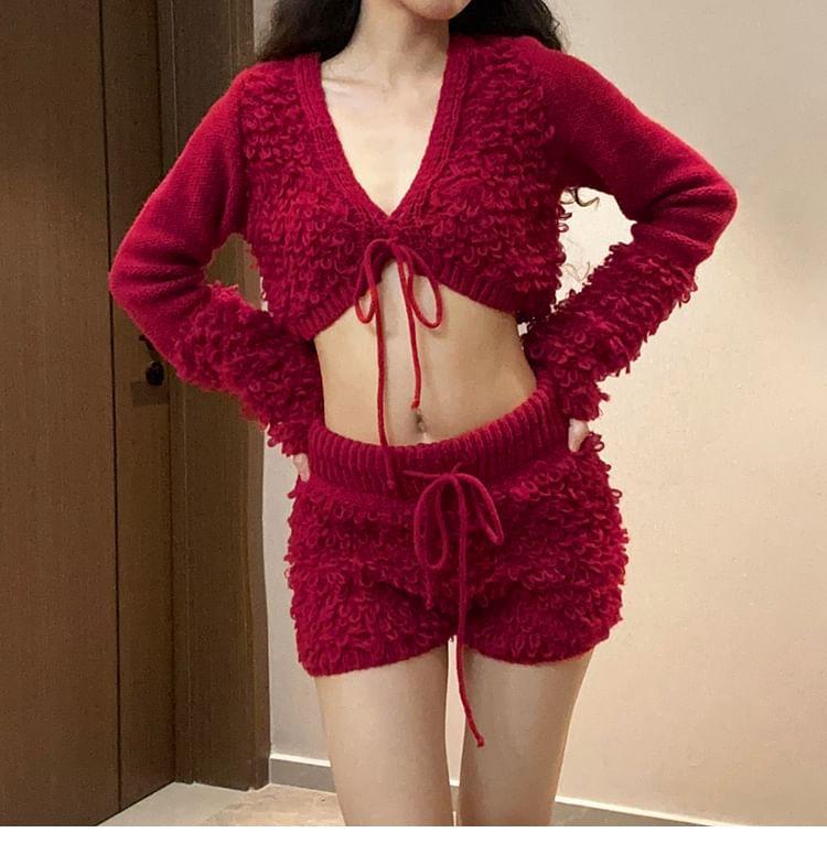 V-Neck Plain Cropped Cardigan / Drawstring Waist Knit Hot Pants Product Image