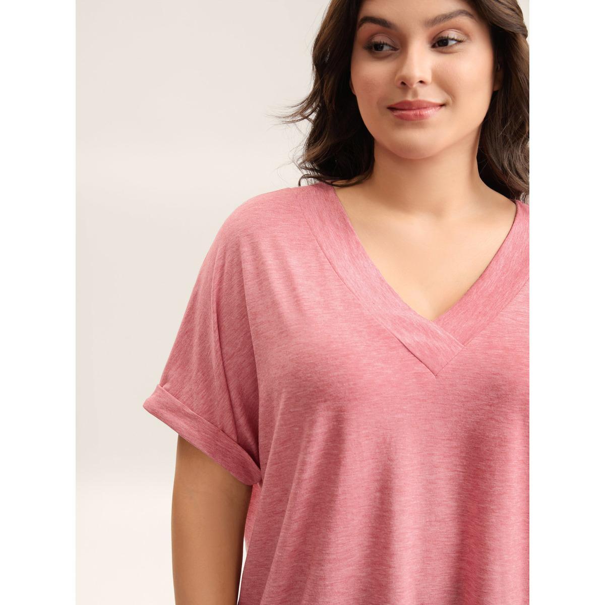 Plus Size Stretchy Heathered V-Neck Solid T-Shirt Beanpastepowder Women Casual Roll Hem V-neck Everyday T-shirts BloomChic 14-16/1X Product Image