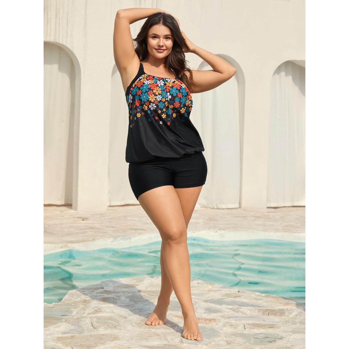Plus Size Floral Print Cut-Out Swim Top Women's Swimwear Black Beach Patchwork High stretch Bodycon U-neck Curve Swim Tops BloomChic 30/6X Product Image
