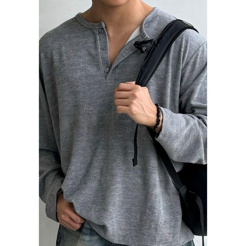 Long-Sleeve Henley Plain Ribbed T-Shirt Product Image