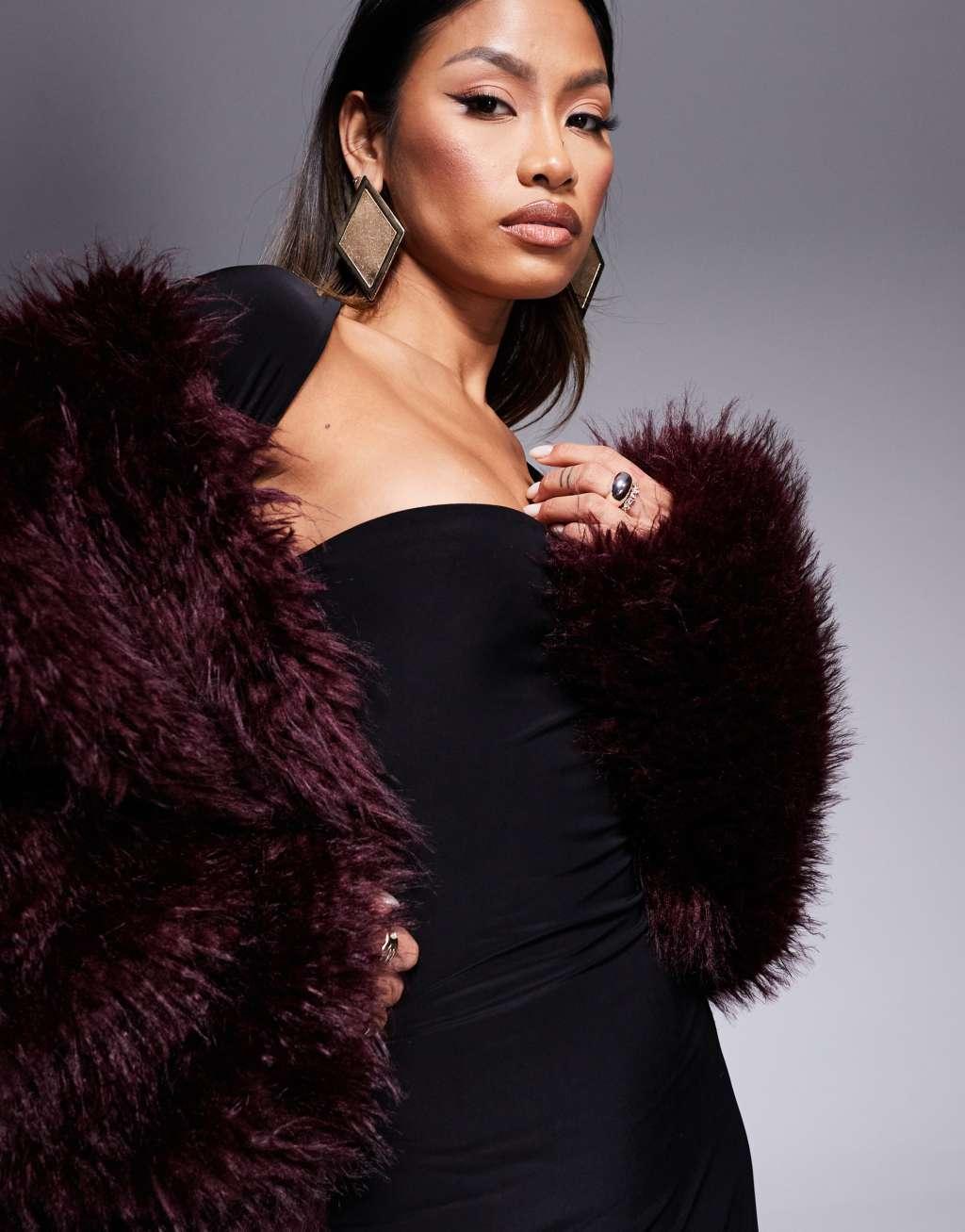 Kaiia slinky bandeau maxi dress with long sleeve shrug in black Product Image