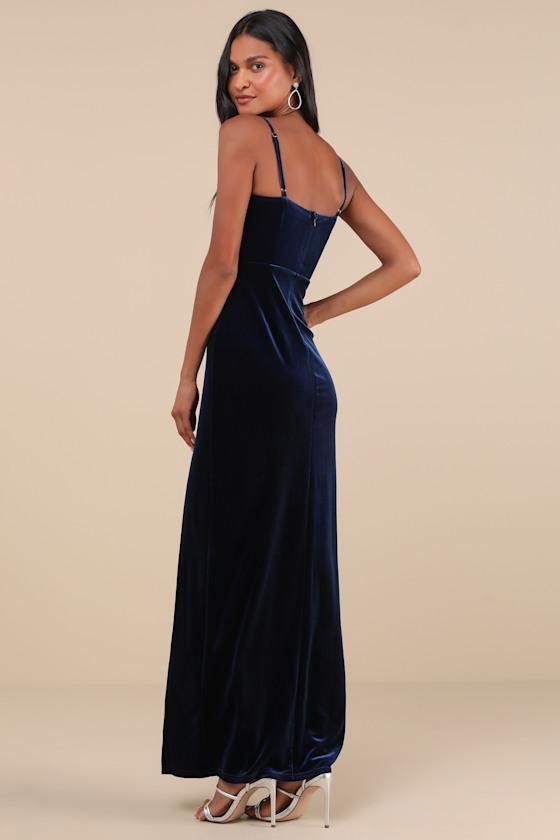 Graceful Glamour Navy Blue Velvet Surplice Maxi Dress Product Image