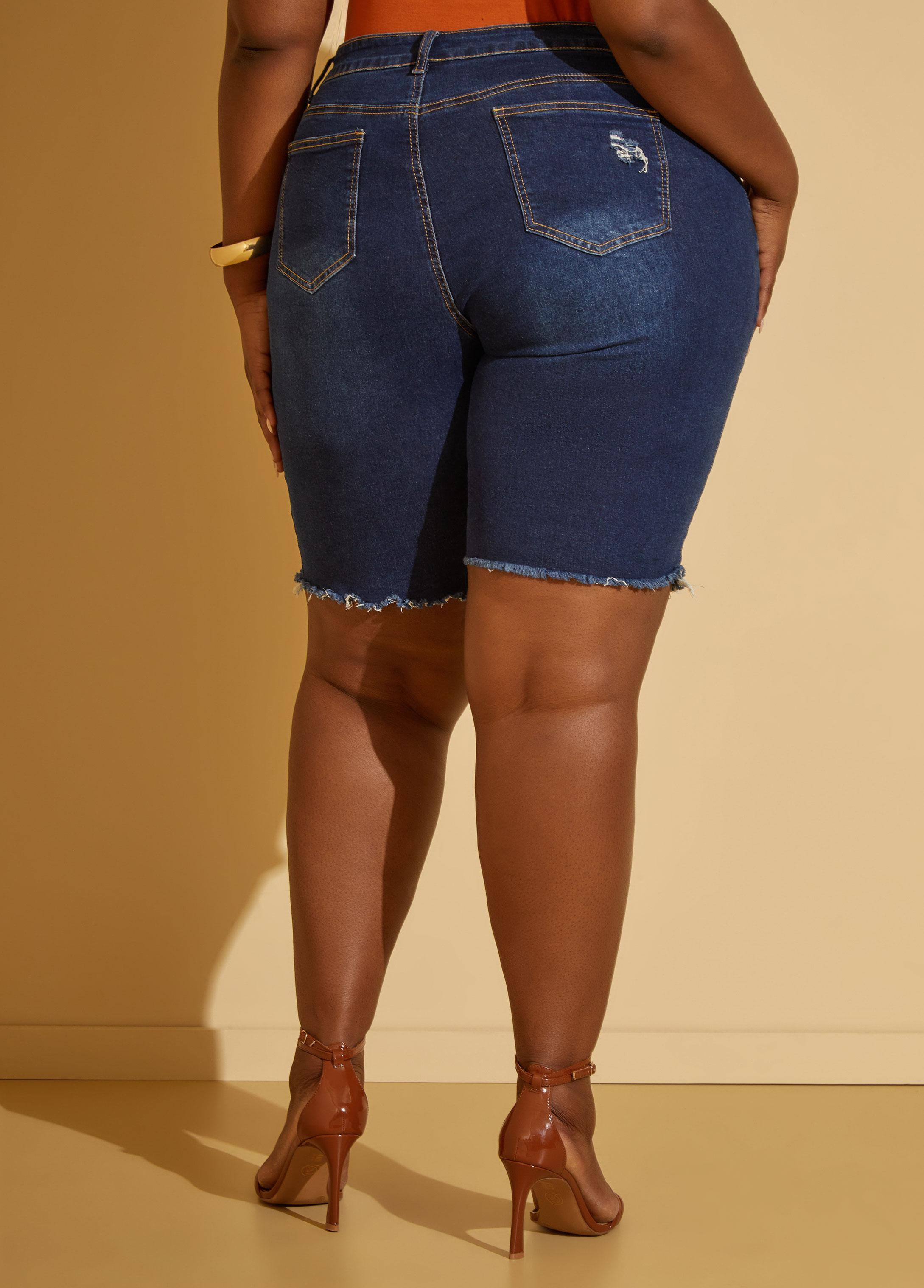 Frayed Distressed Denim Shorts Product Image