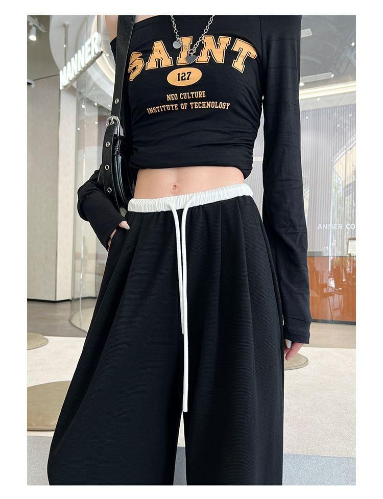 Drawstring Waist Two Tone Wide Leg Sweatpants Product Image