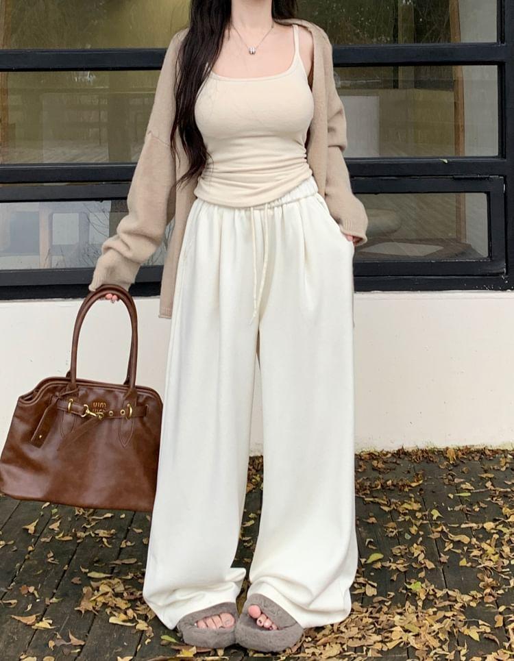 Drawstring Waist Plain Wide Leg Pants Product Image