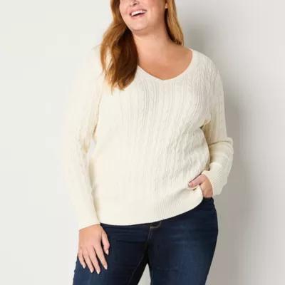 St. John's Bay Plus Womens V Neck Long Sleeve Cable Knit Pullover Sweater Product Image