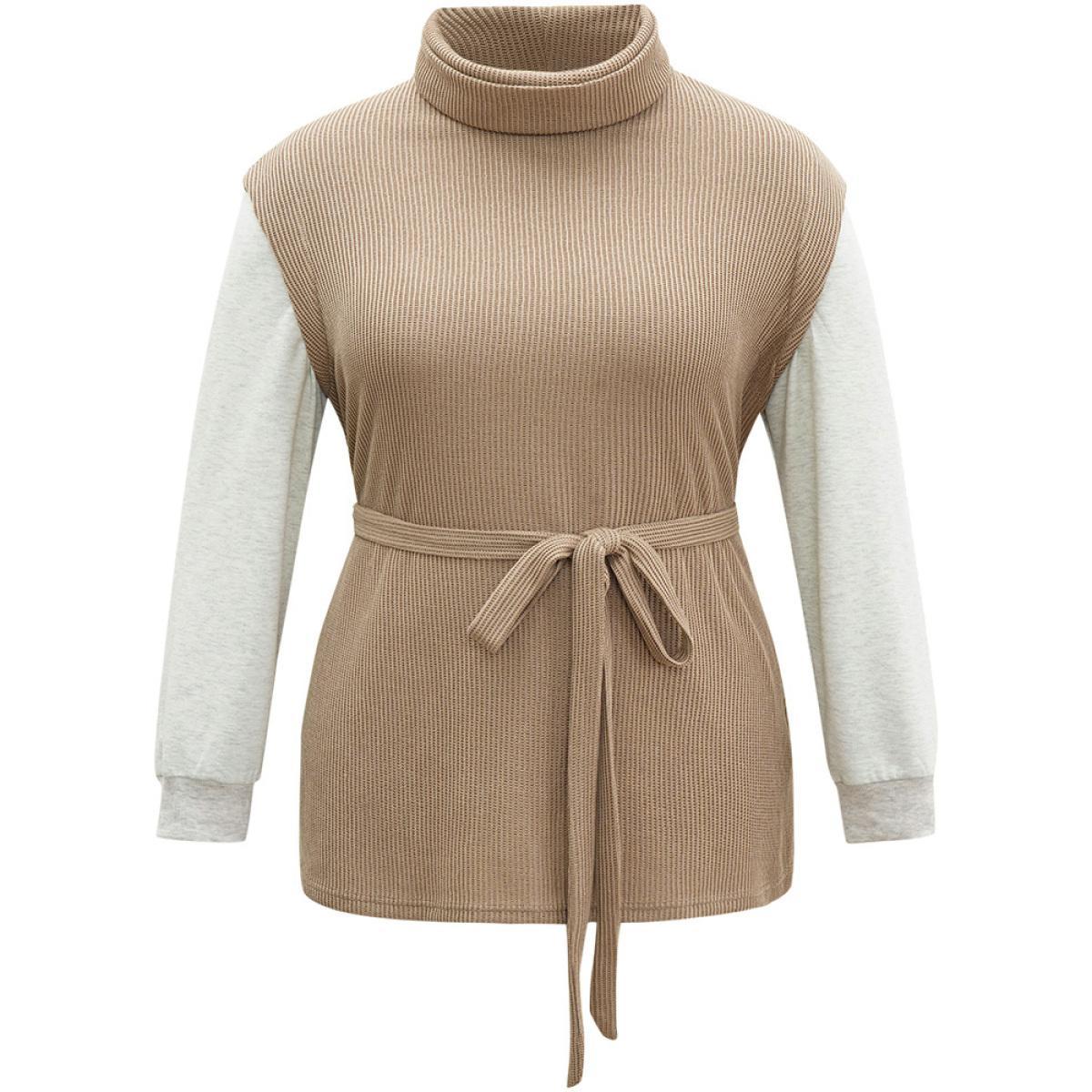 Plus Size 2-In-1 Turtleneck Texture Patchwork Belted Sweatshirt Women LightBrown Casual Texture Turtleneck Dailywear Sweatshirts BloomChic 28/5X Product Image