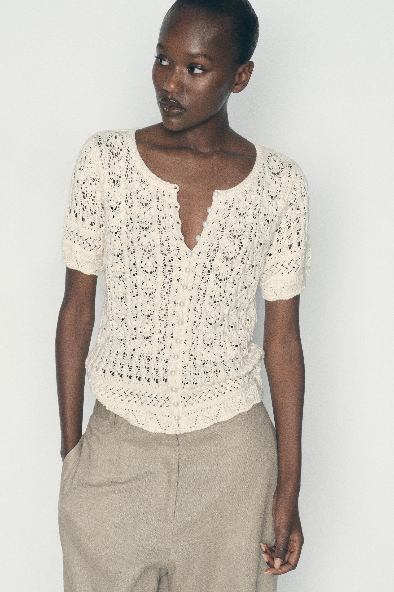 POINTELLE KNIT CARDIGAN WITH PEARL BUTTONS Product Image