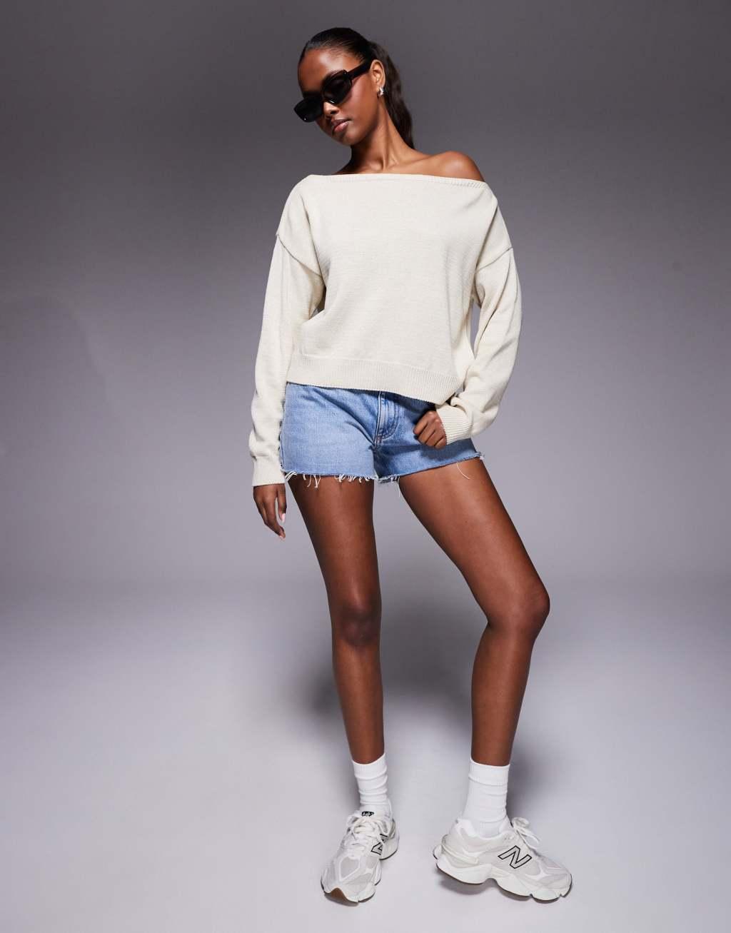 ASOS DESIGN knit off-shoulder sweater in cream Product Image